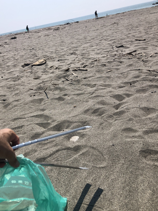 砂浜でゴミ拾いをしている様子