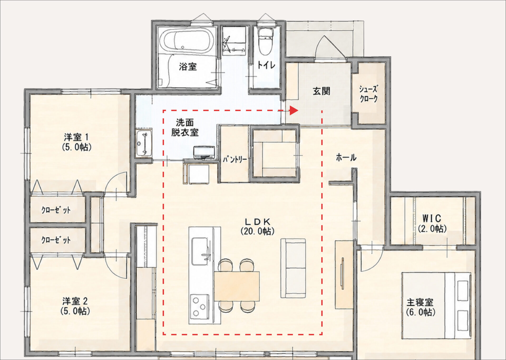 家事がしやすい回遊動線の間取り図